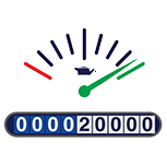 Zeichnung der Tankanzeige, die 20.000 Meilen anzeigt. Die grüne Nadel steht für eine volle Tankanzeige, die auch grün ist.